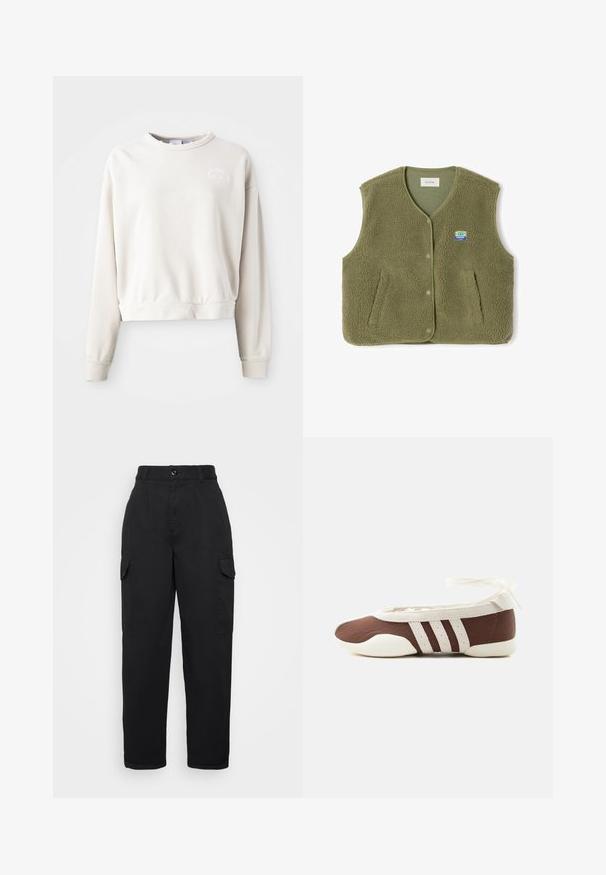 Vihreä fleece-liivi, jossa on teksturoitu, pörröinen pinta. Siinä on V-aukko, nappikiinnitys, kaksi etutaskua ja pieni logoplaatti.; Kermanvärinen lyhyt huppari, joka on valmistettu pehmeästä kankaasta. Siinä on pyöreä pääntie, pitkät hihat ja brodattu logo rinnassa.; Mustat cargo-housut korkealla vyötäröllä, etuolkaimilla, kahdella sivutaskulla ja rento istuvuus, valmistettu kestävästä kankaasta, jossa on sileä pinta.; Ruskea ja valkoinen balettikenkiä, joissa on kolme valkoista raitaa ja nilkkasolmulla varustettu nauha, yksinkertaisella vaalealla taustalla.