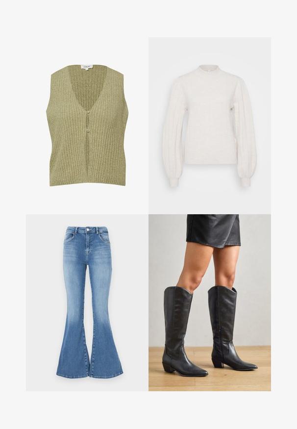 Beige-värinen resorillinen neuleliivi ilman hihoja, jossa V-aukko ja kaksi etukapista, merkiltään s.Oliver, esitetty valkoisella taustalla.; Vaalean kreemi neulepusero, jossa on korkea kaulus, ribattu pinta ja puffi pitkät hihat. Tiukat hihansuut viimeistelevät muotoilun.; Valkoiset farkut, joissa on korkea vyötärö, viisi taskua ja hieno haalistuma. Ominaisuuksiin kuuluvat napin sulkeminen ja vyölenkit.; Mustat polvipituiset saappaat, jotka on valmistettu sileästä nahasta. Saappaissa on teräväkärkiset kärjet, matala lohkare korko ja sivujatke, joka helpottaa käyttöä.
