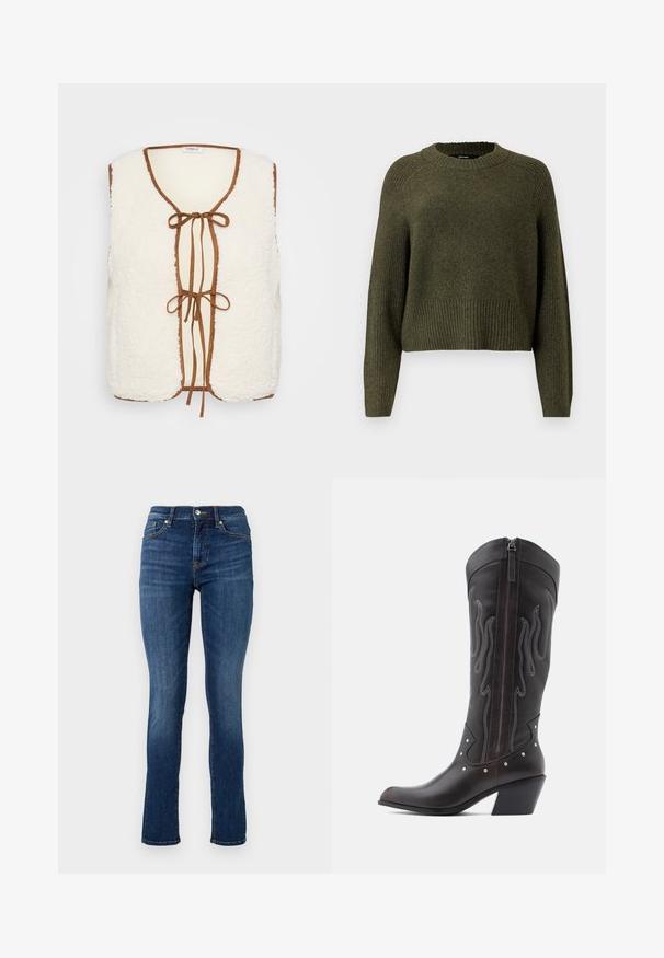 Hvid vest i kunstpels med brun ruskindskant, der har en rundhals og en frontlukning med to løkker.; Olivengrøn strikket sweater med rund halsudskæring, ribbet kant og lange ærmer med en afslappet pasform. Fremstillet af blødt tekstureret stof.; Mørkeblå skinny jeans lavet af denim, med en standard talje, frontlommer og diskrete syninger.; Brune læder cowboystøvler med flammebroderi, sidelukning med lynlås, sølvnitter, spids snude og lagdelt hæl.