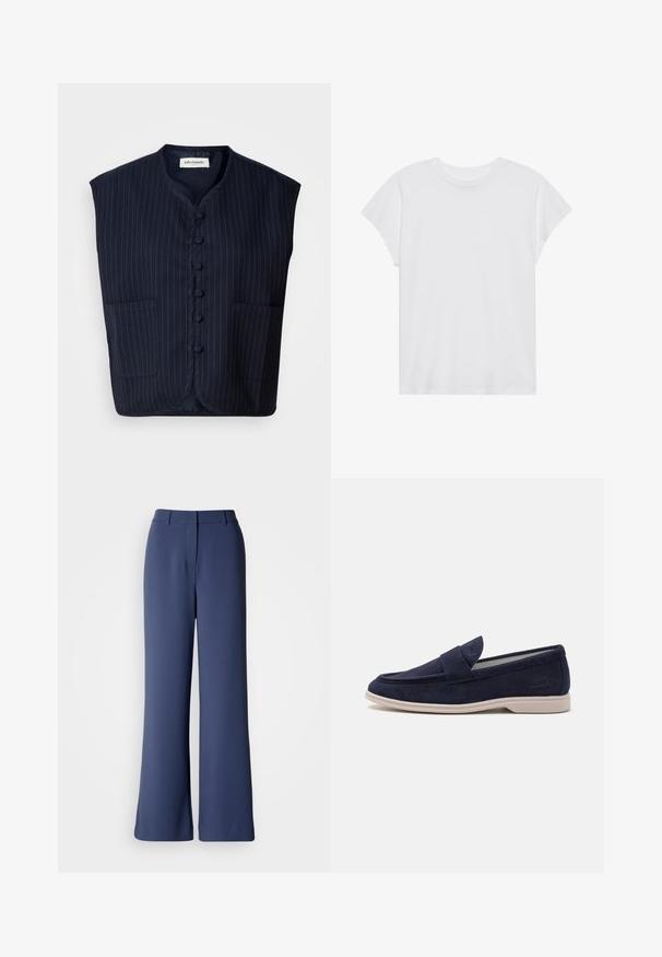 Mørkeblå ærmeløs vest med stribet mønster, knaplukning foran, mandarinkrave og to forlommer. Blødt stof, struktureret form.; Hvid kortærmet t-shirt med rund hals, afslappet pasform, lavet af blødt bomuldsstof. Glat tekstur, ingen mønstre eller logoer.; Bukser med vide ben i mørkeblå stof, med en glat tekstur, frontplissering og en flad talje uden synligt hardware.; Marineblå suede loafers med rund tå og syet detaljering. Har en polstret tunge og en lys beige gummisål for komfort.