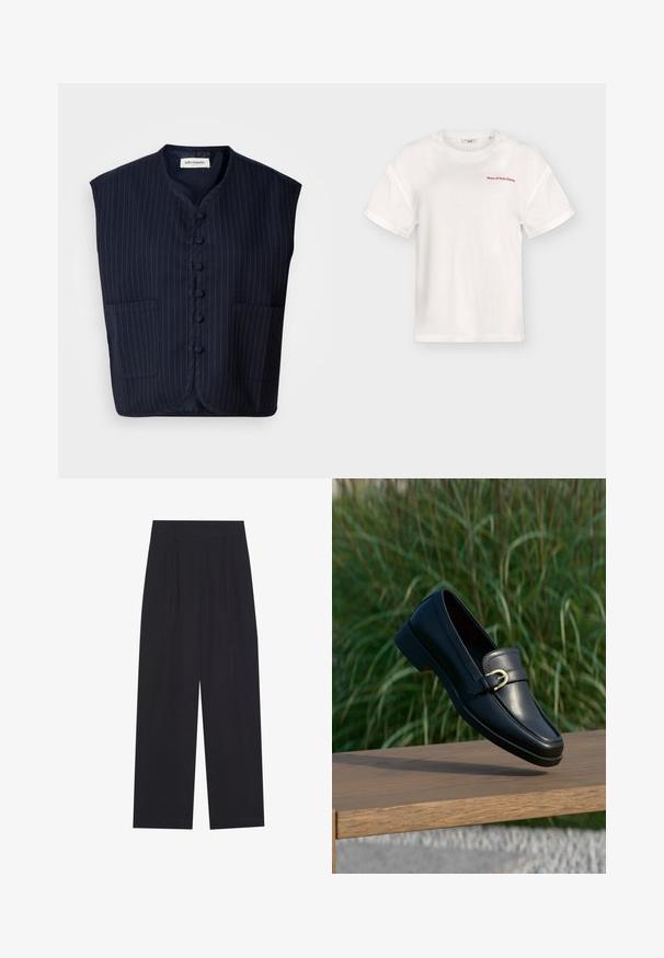 Chaleco sin mangas azul marino con patrón de rayas, cierre de botones, cuello mandarín y dos bolsillos frontales. Tejido suave y forma estructurada.; Camiseta blanca de manga corta con cuello redondo y texto rojo "Marc O’Polo Denim" en la parte superior izquierda del pecho, mostrada sobre un fondo liso.; Pantalones anchos negros de tela suave, con pliegues, cinturilla plana y sin bolsillos ni adornos visibles.; Mocasín de cuero negro con detalle de hebilla dorada flotando sobre un banco de madera, césped verde desenfocado al fondo.