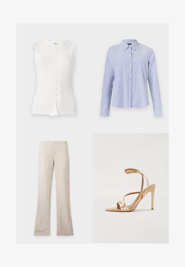 Sleeveless white ribbed top with a round neckline and a center row of small fabric-covered buttons.; Long-sleeve button-up shirt with white and light blue vertical stripes and a pointed collar displayed on a plain background.; Beige linen trousers with a straight leg and hidden front closure, displayed flat on a plain light background. No visible pockets or details.; Even&Odd by Zalando Sandals - gold