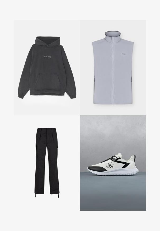 Lysegrå ærmeløs vest med høj krave, frontlynlås, sidelommer og lille "BOSS"-logo på venstre bryst.; Filling Pieces HANDSHAKE VINTAGE - Hættetrøje - black; Sorte cargo bukser med en afslappet pasform, der har sidelommer, plisseret frontdesign, justerbare ankelbind og er lavet af slidstærkt stof.; Calvin Klein Jeans EVA RUNNER LACE - Sneakers - bright white/black
