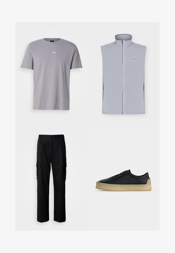 Veste sans manches gris clair avec col montant, fermeture éclair à l'avant, poches latérales et petit logo "BOSS" sur la poitrine gauche.; T-shirt gris à manches courtes en coton, avec un col rond et le logo "BOSS" embossé en blanc sur la poitrine.; Pantalon cargo noir à coupe décontractée, avec poches latérales, fermeture par bouton, et tissu léger et lisse.; HUGO PRODIGY - Baskets basses - black