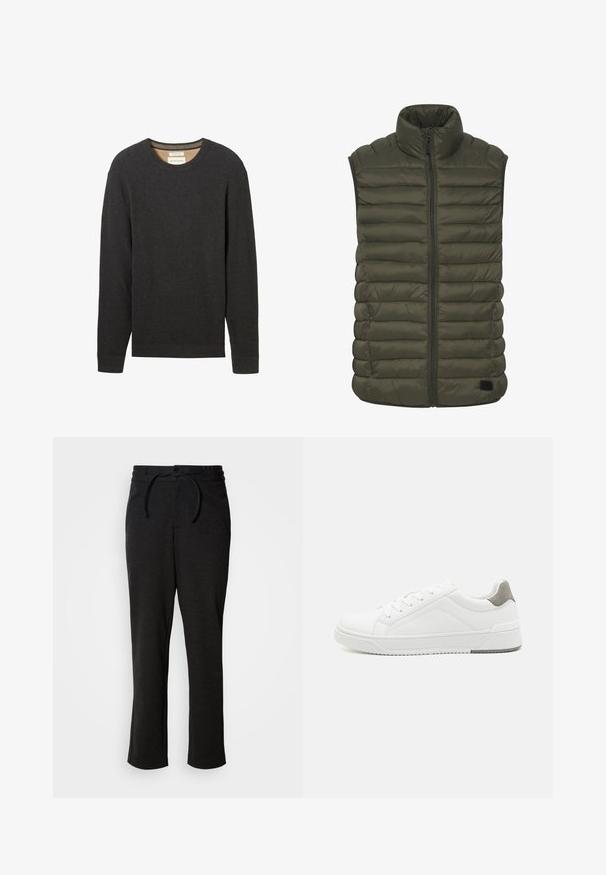 Olivgrüne gepolsterte Weste mit hohem Kragen, Reißverschluss vorne und horizontalem Steppmuster. Mit einem schwarzen Akzent-Tag am Saum.; Schwarzer gerippter Pullover mit Rundhalsausschnitt und langen Ärmeln. Texturierter Stoff und ein Etikett sind am Ausschnitt sichtbar.; Schwarze Strickhose mit einem Kordelzugbund, geradem Bein und Seitentaschen. Weiche Textur mit glatter Oberfläche.; Weißer Sneaker aus glattem Leder, runde Zehenpartie, minimalistisches Design, graue Fersenkante und strukturierte Gummisohle.