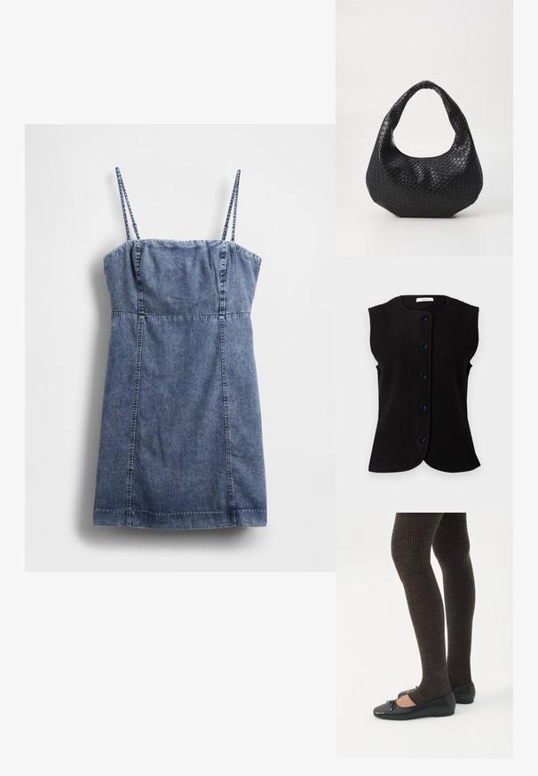 Chaleco negro sin mangas hecho de lana, con un escote redondeado y cinco botones azules en la parte delantera. Textura suave y dobladillo ligeramente curvado.; Vestido vaquero con tirantes finos, cuerpo entallado y falda acampanada. Presenta un lavado azul oscuro y detalles cosidos a lo largo de las costuras.; Piernas con leggings oscuros acanalados combinados con bailarinas negras que presentan pequeños detalles de lazo sobre un fondo blanco.; Bolso de mano tejido en negro con un asa curvada, que presenta una superficie texturizada y una forma holgada. Acabado suave con una silueta orgánica.