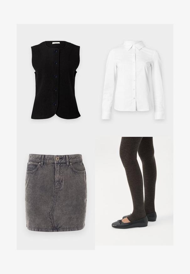 Gilet sans manches noir en laine, avec un col rond et cinq boutons bleus sur le devant. Texture lisse et ourlet légèrement arrondi.; Chemise blanche à manches longues avec boutons, col pointu, ourlet droit et silhouette ajustée, présentée sur un fond clair uni.; Jupe en denim grise avec une texture côtelée verticale, dotée d'une fermeture à boutons sur le devant, de deux poches latérales et d'un ourlet droit.; Jambes portant des leggings côtelés foncés associés à des ballerines noires avec de petits détails en nœud sur fond blanc.
