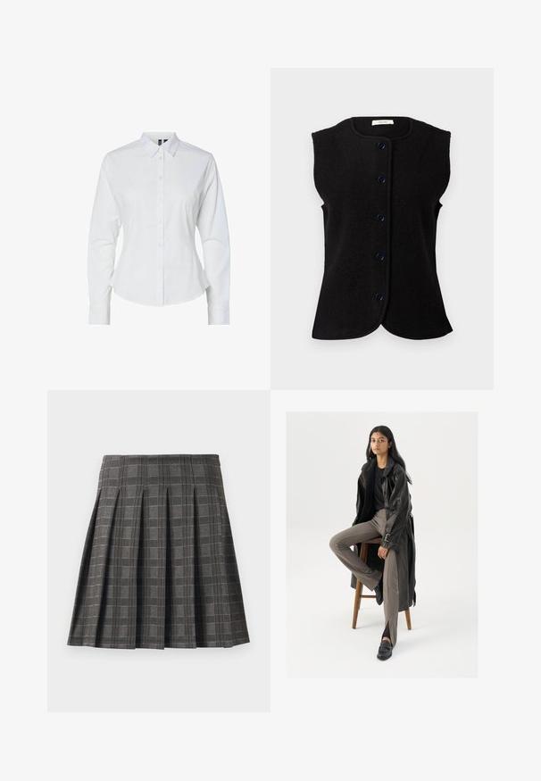 Gilet sans manches noir en laine, avec un col rond et cinq boutons bleus sur le devant. Texture lisse et ourlet légèrement arrondi.; Chemise blanche à manches longues, col pointu et coupe ajustée. Fabriquée en tissu lisse avec un léger éclat.; Jupe plissée à motif écossais gris, fabriquée à partir d'un tissu texturé. Elle présente des plis verticaux et un ourlet droit.; Manteau trench en cuir noir avec des boutons et une ceinture, associé à un pantalon ajusté marron clair et des mocassins noirs, assis sur un tabouret en bois.