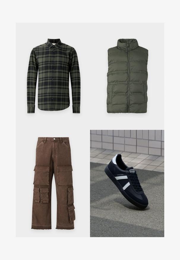 Donkergroene gewatteerde mouwloze bodywarmer met hoge kraag en ritssluiting aan de voorkant, voorzien van twee zijzakken, afgebeeld op een effen achtergrond.; Langoe mouw shirt in donker groen en zwart geruit patroon, gemaakt van flanel. Heeft een klassieke kraag en zwarte knopen.; Bruine cargo-broeken met een losse pasvorm, meerdere zijzakken en een rafelige zoom. Gemaakt van stevig, gestructureerd materiaal voor duurzaamheid.; Zwarte leren sneaker met witte strepen, een gestructureerde rubberen zool en vetersluiting aan de voorkant. Voorzien van een merklabel op de tong.
