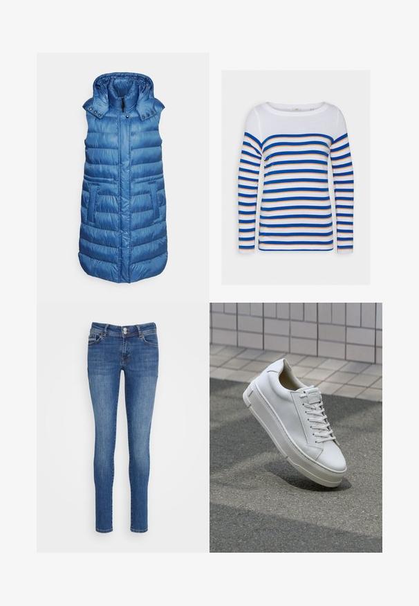 FUCHS SCHMITT THERMORE - Vest - azur; Esprit Langærmet T-shirt - white; edc by Esprit Jeans Skinny Fit - blue dark wash; Hvide lædersneakers med lavt design, flade snører, rund tå og strukturerede sider. Tyk gummisål med diskrete detaljer.