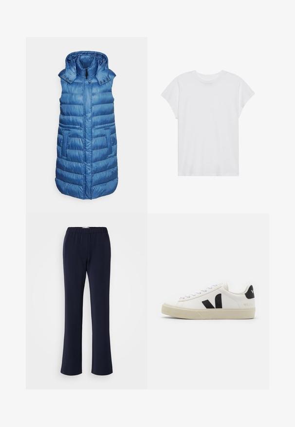FUCHS SCHMITT THERMORE - Chaleco - azur; Camiseta blanca de manga corta con cuello redondo, corte relajado, hecha de suave tela de algodón. Textura lisa, sin estampados ni logotipos.; Pantalones de pierna recta en azul marino, confeccionados con tela elástica, con cintura elástica y dos bolsillos delanteros. Textura lisa, sin patrones visibles.; Zapatilla de cuero blanca con logo V de goma negra. Suela texturizada en blanco roto, cordones blancos y detalle en el talón trasero con el nombre de la marca en negro.