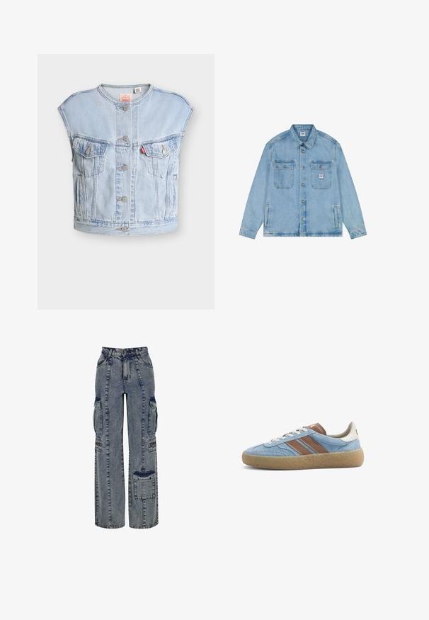 Lyseblå ærmeløs denimvest med frontknapper, to brystlommer med knapper, sidelommer og et rødt Levi's-mærke på venstre lomme.; Lyseblå denimjakke med knaplukning foran, to brystlommer med klap og knapper, to sidelommer og en lille Lee-logo på højre brystlomme.; Denim cargo bukser i lyseblå. Har vide ben, flere sidelommer og kontrasterende mørke denim detaljer. Struktureret med synlige sømme.; Lavtopet sneaker med lyseblåt ruskindsoverdel, brune læder side striber, hvide snørebånd, hvid hælkappe og tekstureret beige gummisål.