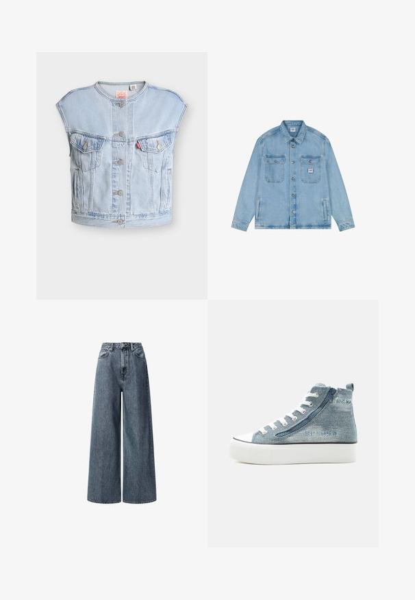 Chaleco vaquero sin mangas azul claro con botones delanteros, dos bolsillos en el pecho con botón, bolsillos laterales y una etiqueta roja de Levi's en el bolsillo izquierdo.; Chaqueta de mezclilla azul claro con cierre de botones, dos bolsillos con solapa y botones en el pecho, dos bolsillos laterales y un pequeño parche con el logo de Lee en el bolsillo derecho del pecho.; Jeans de pierna ancha y talle alto en denim azul oscuro. Cuenta con bolsillos frontales clásicos, presillas para cinturón y cierre con cremallera y botón de metal.; Zapatilla alta de mezclilla con cordones blancos, cremallera lateral, suela de goma y detalle bordado con marca en el lado exterior.