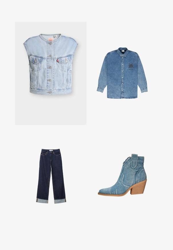 Hellblaues ärmelloses Jeansweste mit vorderen Knöpfen, zwei Brusttaschen mit Knöpfen, Seitentaschen und einem roten Levi's-Tag auf der linken Tasche.; Blaues Jeanshemd mit langen Ärmeln, Knopfleiste, Kragen und einem Palmen-Logo auf der linken Brustseite.; Dunkelblaue Jeans mit weitem Bein, aufgerollten Säumen, Fronttaschen und sichtbaren Nähten, flach auf weißem Hintergrund ausgelegt.; Blaue Denim-Ankle-Boots mit spitzer Zehenform, distressed Textur und einem blockartigen Holzabsatz. Verfügt über seitliche Schlaufen für ein einfaches Anziehen.