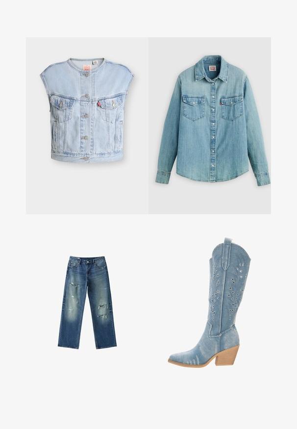 Hellblaues ärmelloses Jeansweste mit vorderen Knöpfen, zwei Brusttaschen mit Knöpfen, Seitentaschen und einem roten Levi's-Tag auf der linken Tasche.; Hellblaues Denimhemd mit klassischem Kragen, vorderer Knopfleiste, zwei Brusttaschen und geknöpften Manschetten sowie einem leicht geschwungenen Saum.; Blaue Jeans aus Denim mit geradem Bein, mit Verblassen und mehreren abgenutzten Stellen an den vorderen Oberschenkeln und Knien.; Denim-Cowboy-Stiefel, hellblau, spitz zulaufende Zehenpartie, Ausschnittdetails mit dreieckigen Formen, niedriger, gestapelter Absatz, strukturierte Oberfläche.