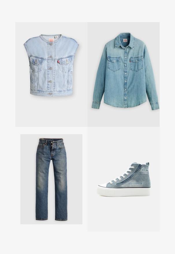 Lichtblauwe mouwloze spijkervest met knopen aan de voorkant, twee borstzakken met knopen, zijzakken en een rood Levi's-label op de linkerborstzak.; Lichtblauw denim overhemd met een klassieke kraag, knoopsluiting aan de voorkant, twee borstzakken en knoopmanchetten met een licht afgeronde zoom.; Blauwe spijkerbroek met een recht model, voorzien van zichtbare stiksels, een ritssluiting en vijf zakken. Vervaagde gedeelten bieden textuur.; High-top denim sneaker met witte veters, zijrits, rubberen zool en geborduurd merkdetail aan de buitenkant.