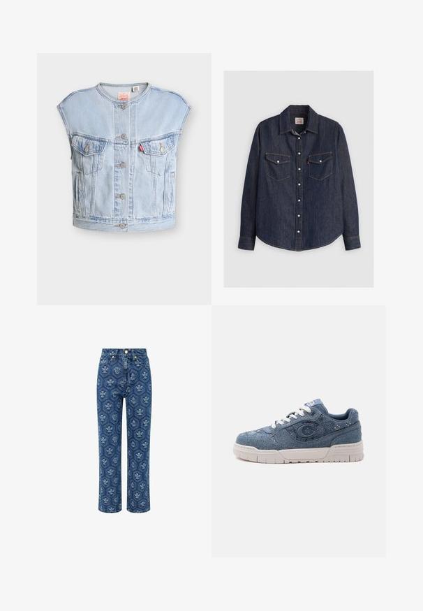 Chaleco vaquero sin mangas azul claro con botones delanteros, dos bolsillos en el pecho con botón, bolsillos laterales y una etiqueta roja de Levi's en el bolsillo izquierdo.; Camisa de denim azul oscuro con mangas largas, cierre de botones en la parte delantera, dos bolsillos en el pecho con solapas y costuras amarillas en contraste.; Jeans de mezclilla en azul oscuro con un estampado floral, de talle alto y diseño recto, con detalles en tono dorado y una textura sutil.; Zapatilla deportiva de mezclilla azul con suela y cordones blancos, con un gran emblema "C" en el lateral y diseño de tela texturizada.
