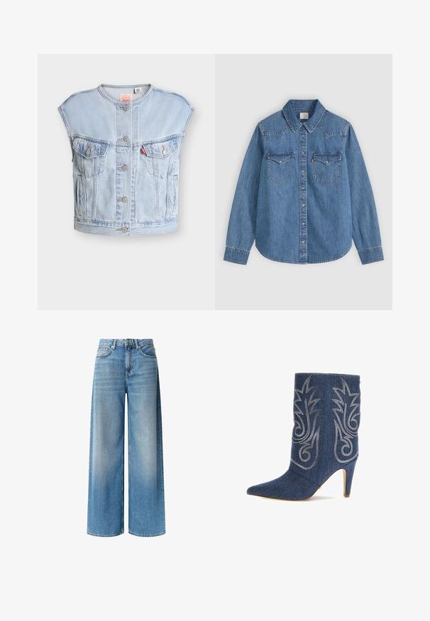 Chaleco vaquero sin mangas azul claro con botones delanteros, dos bolsillos en el pecho con botón, bolsillos laterales y una etiqueta roja de Levi's en el bolsillo izquierdo.; Camisa vaquera azul de manga larga con botones, cuello puntiagudo y dos bolsillos con solapa en el pecho sobre un fondo claro.; Jeans de mezclilla azul de pierna ancha con un lavado claro, cintura alta, bolsillos delanteros y un sutil efecto de desvanecimiento a lo largo de las piernas. Terminados con un cierre de botón.; Botín de mezclilla con punta afilada, diseño curvado, costura decorativa plateada y tacón de aguja de 3 pulgadas. Azul oscuro con acabado texturizado.