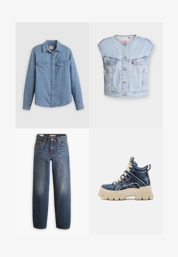 Lichtblauwe mouwloze spijkervest met knopen aan de voorkant, twee borstzakken met knopen, zijzakken en een rood Levi's-label op de linkerborstzak.; Lichtblauw spijkerhemd met lange mouwen, knoopsluiting aan de voorkant, twee borstzakken en een klassieke kraag. Soepele textuur en een ontspannen pasvorm.; Donkerblauwe spijkerbroeken met een rechte pijp, voorzien van vijf zakken, koperen klinknagels en subtiele vervaging op de dijen.; Buffalo ASPHA MID - Sneakers hoog - blue