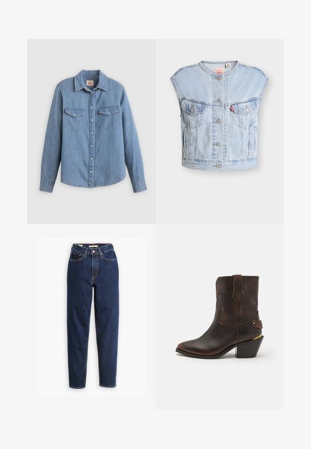 Lichtblauwe mouwloze spijkervest met knopen aan de voorkant, twee borstzakken met knopen, zijzakken en een rood Levi's-label op de linkerborstzak.; Lichtblauw spijkerhemd met lange mouwen, knoopsluiting aan de voorkant, twee borstzakken en een klassieke kraag. Soepele textuur en een ontspannen pasvorm.; Donkerblauwe denimjeans met een hoge taille, vijf-pocket ontwerp en rechte pijpen. Contrasterende stiksels en een knopen-flapsluiting.; Bruine leren cowboylaars met een puntenneus en gestapelde hak. Voorzien van een decoratief ruitpatroon en een riem met hardware accent.