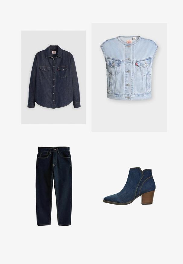 Lichtblauwe mouwloze spijkervest met knopen aan de voorkant, twee borstzakken met knopen, zijzakken en een rood Levi's-label op de linkerborstzak.; Donkerblauwe denim overhemd met lange mouwen, kraag met knopen aan de voorkant, twee borstzakken met kleppen en contrasterende gele stiksels.; Donkerblauwe denim jeans met een rechte snit, vijf zakken en contrasterende gouden stiksels. Voorzien van een knoop en een ritssluiting aan de voorkant.; Denim enkelboot met een spitse neus, gestructureerd ontwerp, contrasterende stiksels en een houten hak, in een diepe blauwe kleur.