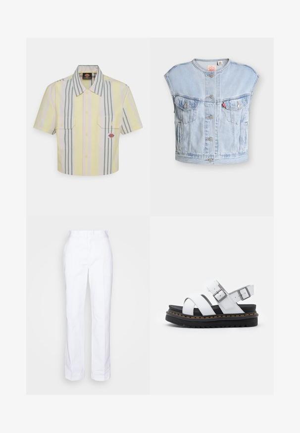 Veste en jean sans manches bleu clair avec des boutons à l'avant, deux poches poitrine à boutons, des poches latérales, et une étiquette rouge Levi's sur la poche gauche.; Chemise à manches courtes, coupée, de couleur jaune clair avec des rayures verticales vertes et pastel. Elle possède deux poches sur la poitrine et un patch logo sur la poche gauche.; Pantalons blancs à jambes droites en coton. Présentent un devant plat, des passants de ceinture et pas de poches visibles. Texture lisse et design minimaliste.; Sandales en cuir blanc avec des sangles réglables à boucle, semelle en noir superposée et détail de couture orange le long du bord.
