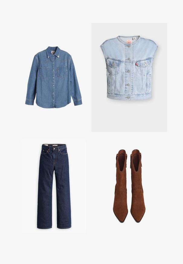 Lyseblå ærmeløs denimvest med frontknapper, to brystlommer med knapper, sidelommer og et rødt Levi's-mærke på venstre lomme.; Lys blå denimskjorte med lange ærmer, spids krave, to brystlommer og kontraststing. Har et western-inspireret yoke-design.; Mørkeblå straight-leg denim jeans med fem lommer, orange syninger og knaplukning.; Et par brune ruskind ankelstøvler med spidse tæer og lave hæle, side trækremmer, og glat inderside, vist ovenfra på hvid baggrund.