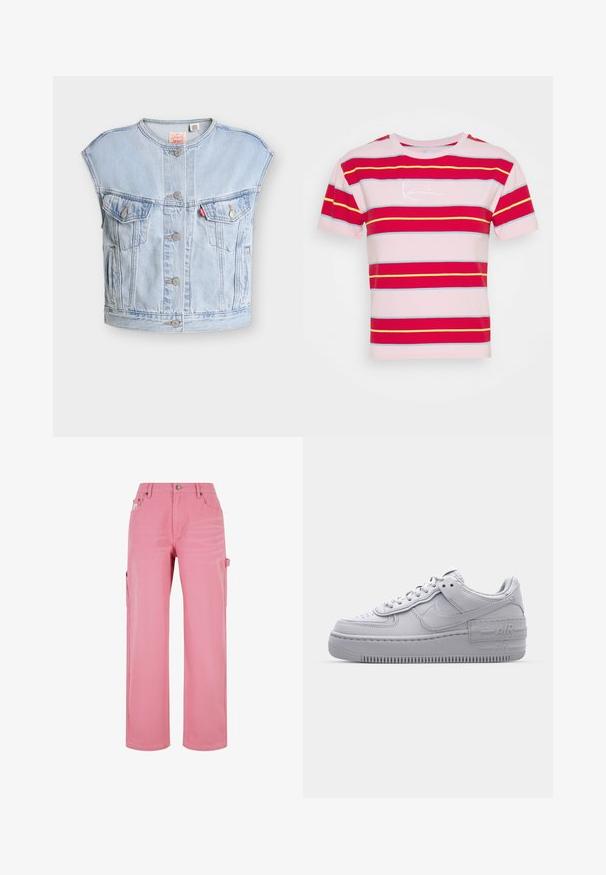 Veste en jean sans manches bleu clair avec des boutons à l'avant, deux poches poitrine à boutons, des poches latérales, et une étiquette rouge Levi's sur la poche gauche.; T-shirt rose à manches courtes avec des rayures horizontales rouges, jaunes et bleues. Présente un logo signature blanc sur le devant.; Pantalon cargo rose en denim. Présente une taille haute, des jambes larges, des poches latérales et une fermeture à bouton à l'avant. Texture lisse et couleur uniforme.; Basket en cuir lisse gris Nike Air Force 1 avec un bout perforé, une semelle épaisse et un détail 'AIR' en relief sur le talon.