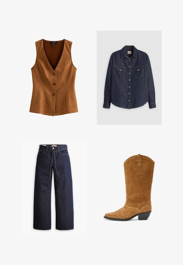Brun ærmeløs vest lavet af smudsagtigt materiale med en dyb V-udskæring og tre frontknapper. Glat tekstur med skræddersyet pasform.; Mørkeblå denimskjorte med lange ærmer, knaplukning fortil, to brystlommer med klapper og kontrasterende gule sømme.; Bredde ben mørkeblå denim jeans med høj talje, der har snoretræk, fem lommer og kontrastsyet detaljer.; Brune ruskinds cowboystøvle med spids tå, buet topkant, dekorativ søm og en lav stablet hæl. Den strukturerede overflade har blomstermønstre.