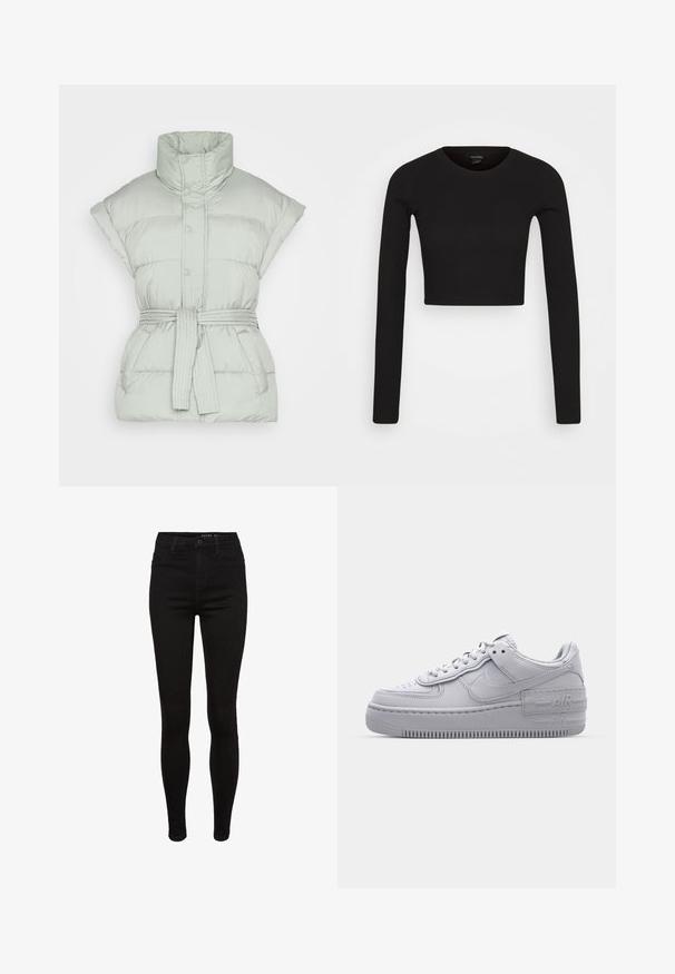 Gina Tricot LEANDRA VEST - Vest - desert sage; Monki Pikkade varrukatega topp - black dark; Mustad must-happened teksased kõrge vöökoht, viie tasku disain, vööd loops, ja peened õmblusdetailid. Silmapaistmatu tekstuur, keha kujuga silhouette.; Hallitus hallid Nike Air Force 1 sneakerid, millel on augustatud varvas, siledast nahast ülemine osa, paks tall ning reljeefne 'AIR' detail kontsapadjal.