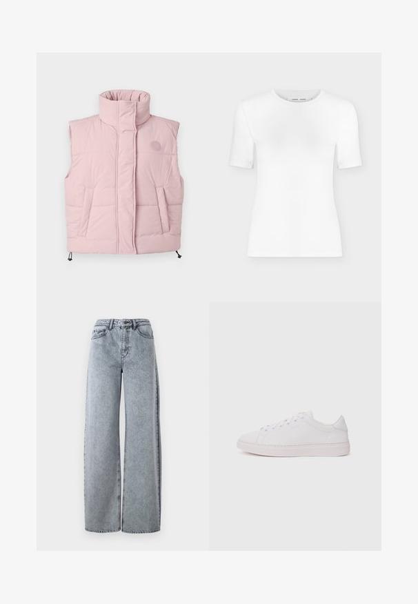 Rosa gesteppte Weste mit hohem Kragen, zwei Vordertaschen und einem Logopatch. Glatter Stoff mit leichtem, isolierendem Design.; Weißes T-Shirt mit kurzen Ärmeln und Rundhalsausschnitt, schlanker Passform und gerippter Stoffstruktur, dargestellt vor einem schlichten hellgrauen Hintergrund.; Hellblaue Denim-Weitbeinjeans mit hohem Bund, ausgestattet mit Eingrifftaschen, Gürtelschlaufen und kontrastierenden Nähten.; Weißer Sneaker mit einem oberen Teil aus glattem Leder, runder Zehenpartie und flacher Gummisohle. Verfügt über eine Schnürung und ein dezentes Logo an der Seite.