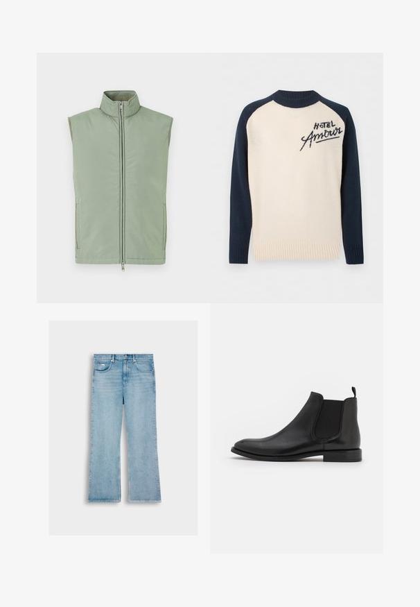 Lysegrøn ærmeløs vest med høj krave, frontlynlås og sidelommer. Fremstillet af glat stof med mat finish.; Cremefarvet sweater med marineblå ærmer og krave, med sort tekst "Hotel Amour" på øverste venstre bryst.; Lyseblå denimbukser med lige ben, der har fem lommer, knaplukning og syning langs sømmene.; Sorte læder Chelsea støvle med elastiske sidepaneler, en rund tå og en lav hæl. Glat tekstur med et minimalistisk design.
