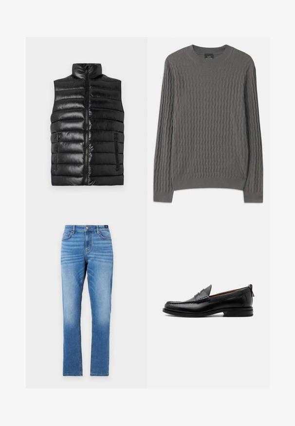 Čierna prešívaná bezrukávová puffová vesta so stojatým golierom, predným zipsom a dvoma bočnými vreckami na zips na jednofarebnom pozadí.; Armani Exchange Svetrík - dark gull zig zag; Svetlo modré džínsy s rovnom strihom, päť vreckovým dizajnom, predným zapínaním na gombík a jemným vyblednutím na stehnách.; Čierny kožený pánsky mokasín s prešitím moc toe, penny remienkom, textúrovaným golierom a nízkym vrstveným podpätkom na bielom pozadí.