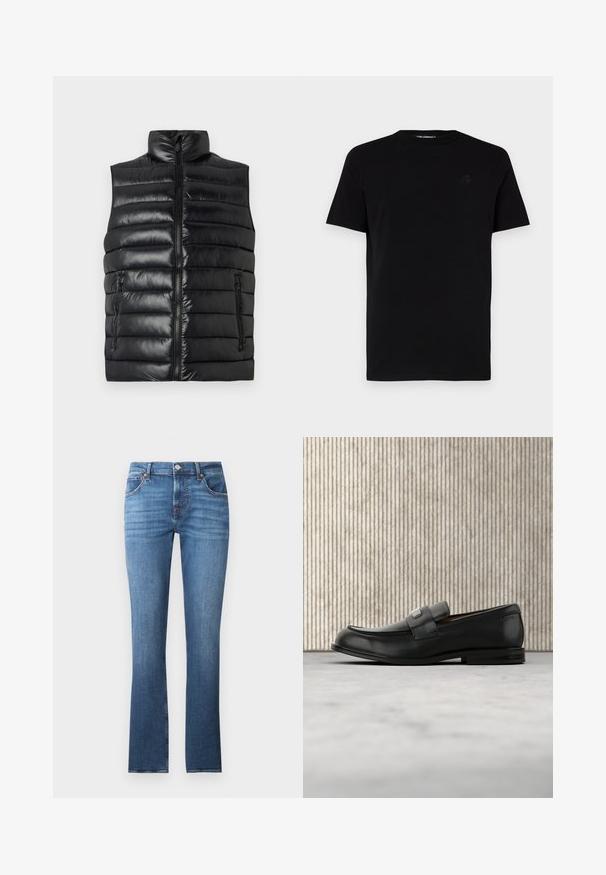 Gilet matelassé sans manches de couleur noire avec col montant, fermeture éclair à l'avant et deux poches latérales zippées sur fond uni.; T-shirt noir à manches courtes en coton, avec un col rond et un logo en relief subtil sur la poitrine gauche. Texture lisse.; Jean en denim bleu avec une coupe droite, présentant un léger délavage, cinq poches et des éléments en métal. La ceinture comprend des passants de ceinture.; Mocassin en cuir noir avec une plaque de marque en métal reposant près d'une table ronde marron sur un sol recouvert de moquette beige.