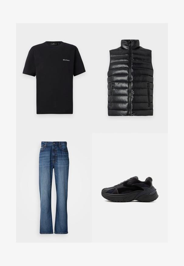 Sort, kviltet, ærmeløs puffer vest med ståkrave, frontlynlås og to lynlåslommer på en ensfarvet baggrund.; Sort kortærmet T-shirt med rund halsudskæring og lille hvid "BELSTAFF" logo på venstre bryst mod en ensfarvet baggrund.; Blå denimjeans med høj talje, flagrende ben, fem-lommers design og tonal syning. Har en knaplukning og nitterede lommer.; Sort chunky sneaker med tyk sål, ruskind og mesh paneler og teksturerede designdetaljer på siden og tåen.
