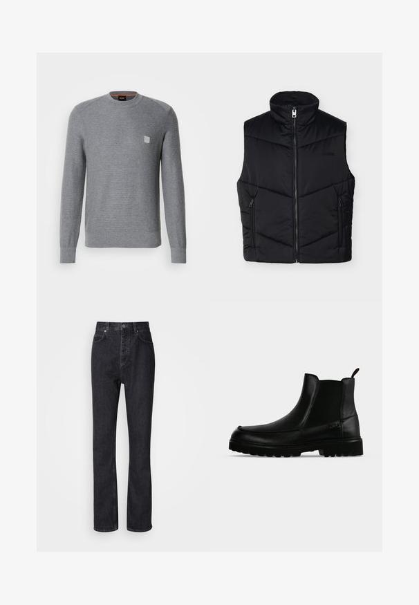Sort ærmeløs quiltet vest med høj krave, lynlås foran, to lynlåslommer i siden og diskret logo på brystet.; Grå, strikket sweater med lange ærmer, ribbede manchetter og rund halsudskæring. Har et lille kvadratisk logo på brystet.; Høj talje sorte denim jeans med knap- og lynlåsåbning, for- og baglommer samt lige ben.; Sort læderankelstøvle med tekstureret sål, elastiske sidepaneler og træksnor på en lysegrå baggrund.