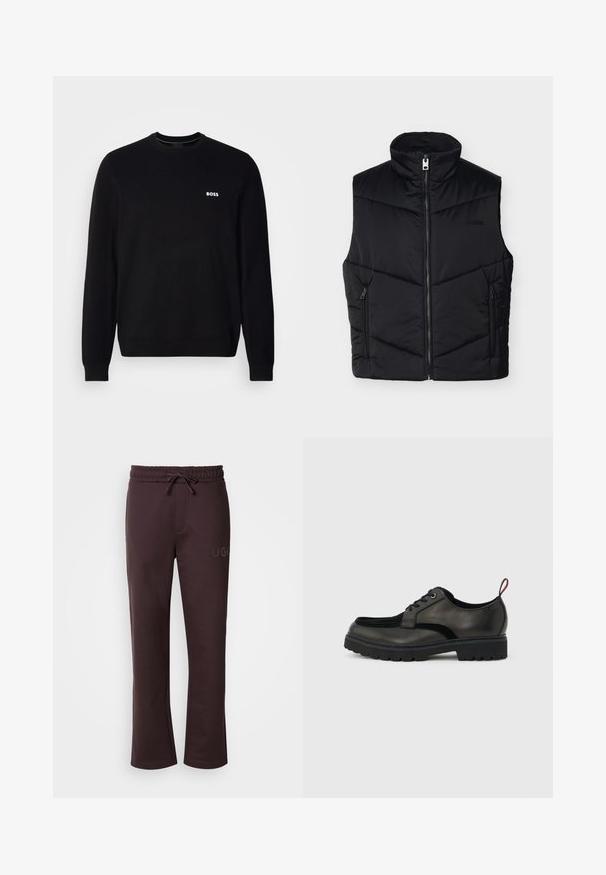 Veste matelassée noire sans manches avec col montant, fermeture éclair à l'avant, deux poches latérales zippées et logo discret sur la poitrine.; Pull en laine noir à manches longues avec un petit logo blanc "BOSS" sur la poitrine gauche, des poignets et un ourlet côtelés, présenté sur un fond blanc.; Pantalon de survêtement marron foncé avec une taille élastique, un cordon de serrage, des poches latérales et le logo "HUGO" imprimé sur la jambe gauche. Texture douce.; Chaussure noire en cuir à lacets avec semelle épaisse crantée et languette rouge à l'arrière, vue de profil sur un fond gris clair.