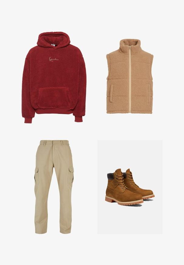 Tan fleece vest med høj krave, frontlynlås og to sidelommer. Har et tekstureret materiale og et quiltet mønster.; Rød fleece hoodie med en tekstureret overflade, en frontlomme og en hætte med snørebånd. Har et guldbroderet logo på brystet.; Beige cargo bukser lavet af bomulds twill, med flere sidelommer, lige ben design og lynlås med bæltestropper.; Brune ruskinds ankelstøvler med en polstret sort krave, gyldne snørehuller og en tyk gummisål med en mønster, der giver godt greb.