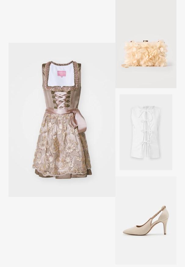 Haut blanc sans manches avec quatre nœuds noués sur le devant et une petite étiquette de marque au niveau de l'encolure indiquant Anna Field.; Robes traditionnelles dirndl avec un corsage ajusté en tissu taupe, orné de broderies florales. La jupe présente un design superposé avec des accents en dentelle.; Escarpin en suède beige à talon haut avec un nez pointu, des côtés découpés et une sangle tressée au niveau du talon, doté d'un fin stiletto.; Pochette ornée de fleurs en tissu couleur crème couvrant toute la surface, avec une chaîne dorée en bandoulière, sur un fond clair.