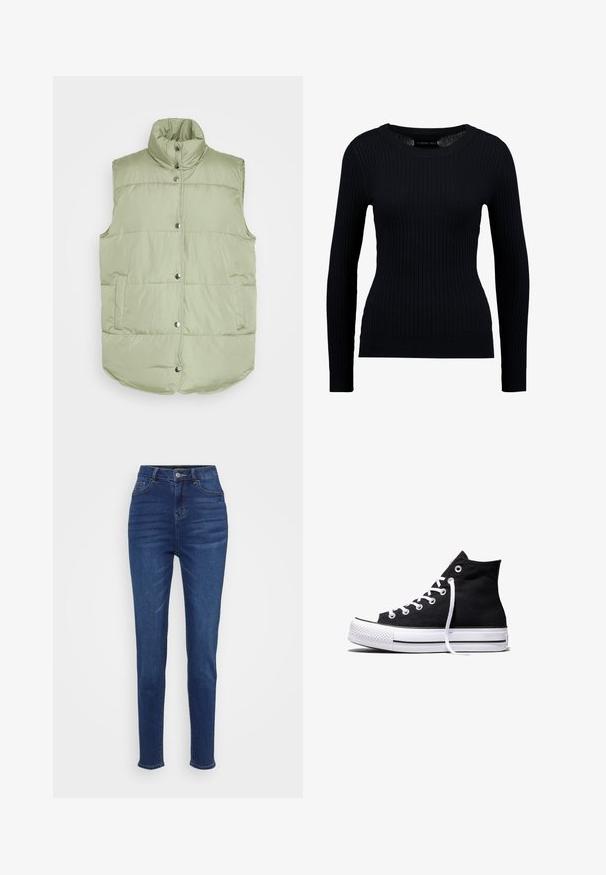 Pieces PCTEE WAISTCOAT - Vesta - tea; Čierny rebrovaný sveter s dlhými rukávmi, okrúhlym výstrihom a priliehavým strihom. Štruktúra je hladká s jemným elastickým pocitom.; Vysoké džínsy slim fit v tmavomodrom denimovom materiáli. Obsahujú päť vreciek, pútka na opasok a zapínanie na gombík s jemným vyblednutím pozdĺž nohavíc.; Čierna vysoká plátenná teniska s bielou gumovou podrážkou a bielymi šnúrkami, zobrazená zboku na bielom pozadí.