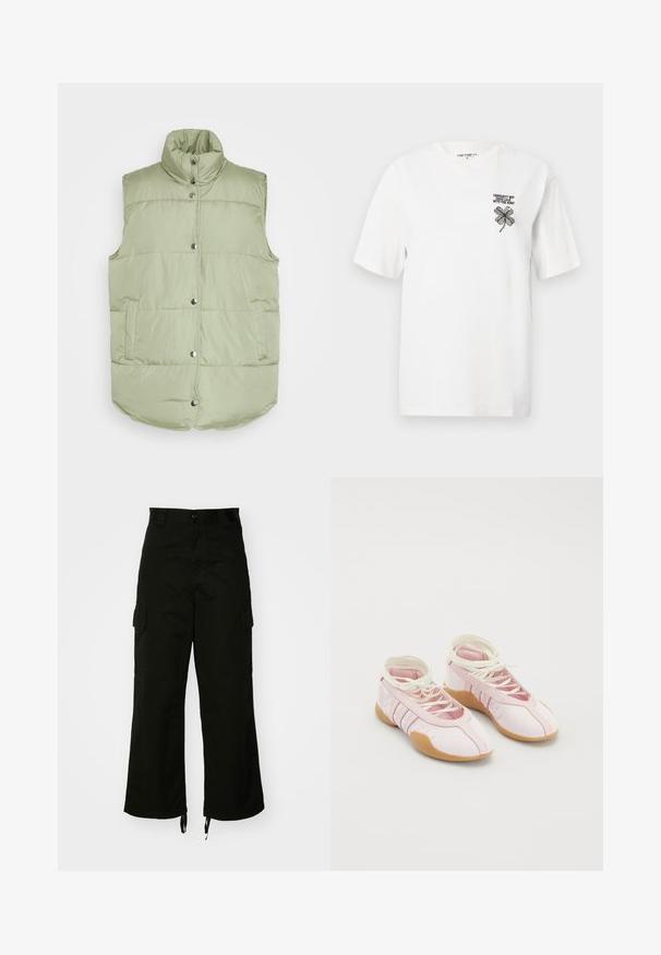 Pieces PCTEE WAISTCOAT - Vesta - tea; Biela bavlnená tričko s krátkymi rukávmi, okrúhlym výstrihom a čiernym vyšívaným ďatelinou s textom na ľavej strane hrude.; Čierne cargo nohavice vyrobené z bavlny, s širokými nohavicami, bočnými vreckami a sťahovacími lemami. Dizajn zahŕňa gombíkový uzáver v páse.; Ružové plátené tenisky s jemnou textúrou, s dizajnom na šnurovanie a gumovou podrážkou. Dekoratívne akcenty a tri pruhy na boku.