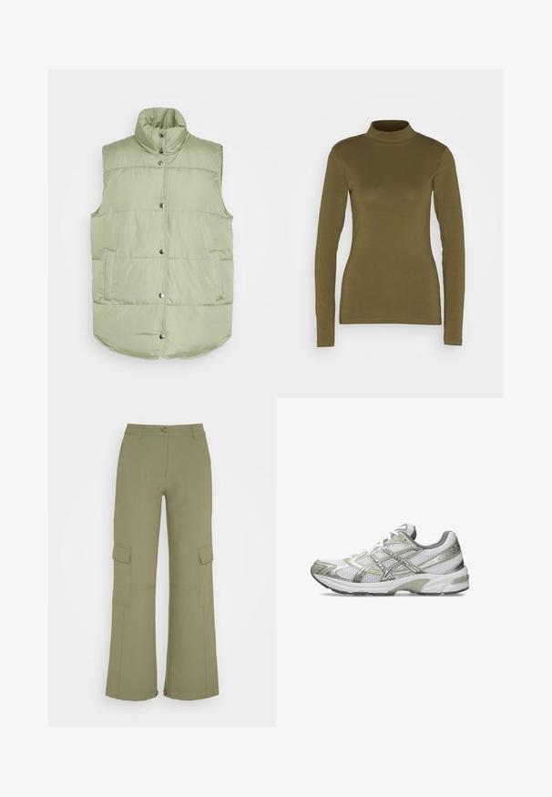 Pieces PCTEE WAISTCOAT - Vest - tea; JDY Langærmet T-shirt - kalamata; Envii PANTS - Cargobukser - deep lichen green; Hvid løbesko med mesh-overdel, metallisk sølvaccent, grå hælkappe og gummisål. Har et struktureret design og snørebånd.