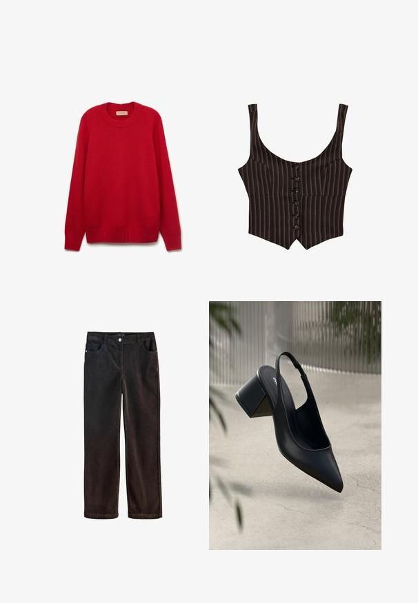 Sort, smalstribet, ærmeløs cropped vest med seks knapper foran og brede skulderstropper.; Rød sweater med rund halsudskæring, ribbede manchetter og kant. Fremstillet af blødt strikmateriale med en ensartet tekstur og ensfarvet design.; Brune corduroy bukser med lige ben design, der har forlommer og knaplukning. Blød tekstur med en subtil glans.; Sort læder slingback hæl med spids tå og blokhæl. Glat tekstur, minimalistisk design og justerbar ankelrem.