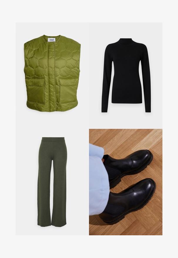 Minimum PENDINI - Vest - calla green; Sort langærmet tætsiddende rullekravetrøje med ribstrikkede manchetter og kant på en lys grå baggrund.; Another-Label VARIT KNITTED PANTS - Bukser - deep green; Sorte ankelstøvler lavet af glat læder med elastiske sidepaneler, en tekstureret gummisål og kontraststing langs kanten.