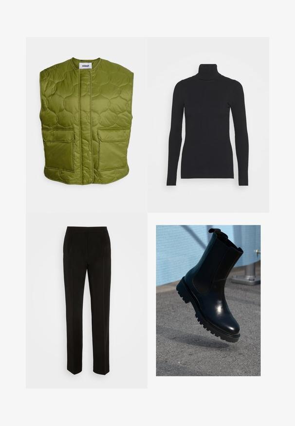 Minimum PENDINI - Bodywarmer - calla green; Zwarte geribde coltrui met lange mouwen en een aansluitende pasvorm. De textuur is glad met een horizontaal ribpatroon.; Zwarte broek met een getailleerd ontwerp, rechte pijpen, enkele plooien en zakdetails. Gemaakt van een gladde, lichte stof.; Zwarte leren enkellaars met elastische zijpanelen, een afgeronde neus en een dikke, gestructureerde zool. Gladde afwerking met een minimalistisch design.