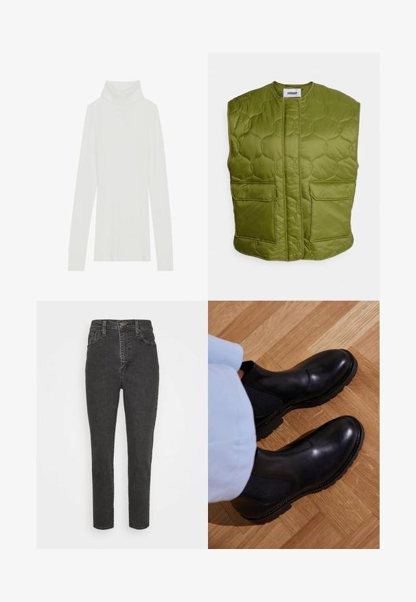Minimum PENDINI - Vesta - calla green; Biely rebrovaný rolák s dlhými rukávmi, mäkkou textúrou a vysokým rolovaným golierom, s priliehavým strihom a bez viditeľných zapínaní.; Čierne džínsy s vysokým pásom a slim fit strihom, s gombíkovým zapínaním, pútkami na opasok a klasickým designom so piatimi vreckami.; Čierne členkové topánky vyrobené z hladkej kože s elastickými bočnými panelmi, textúrovanou gumovou podrážkou a kontrastným prešívaním po okraji.