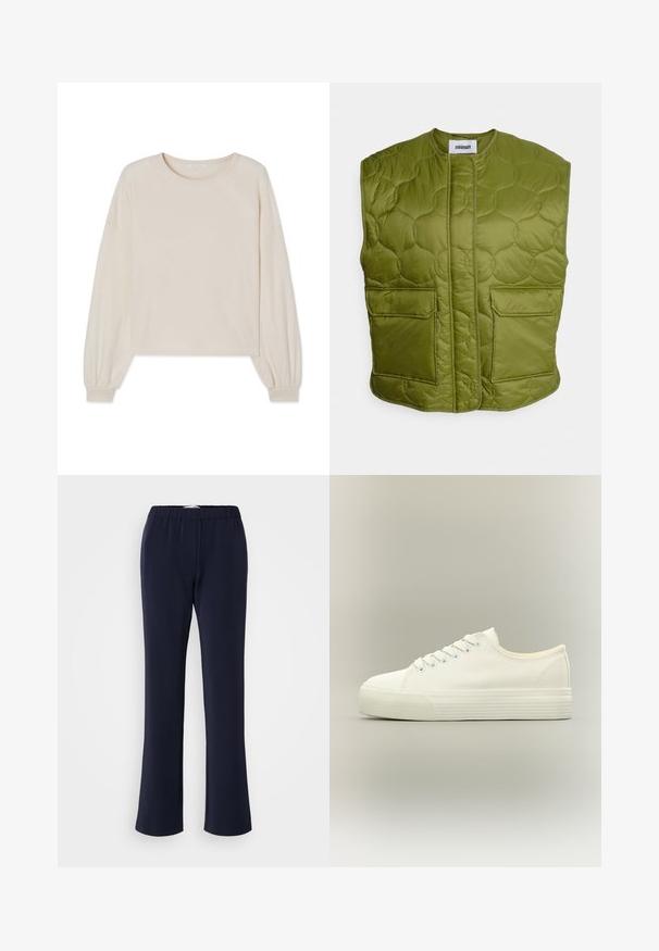 Minimum PENDINI - Vest - calla green; Lys beige cropped sweater lavet af blødt stof, med rund halsudskæring og lange pufærmer med elastiske manchetter. Ingen mønstre eller pynt.; Marineblå bukser med lige ben lavet af strækstof med elastisk talje og to forlommer. Glat tekstur uden synlige mønstre.; Hvid lavtop lærreds-sneaker med snørelukning foran og tyk, tekstureret gummisål på en neutral baggrund.