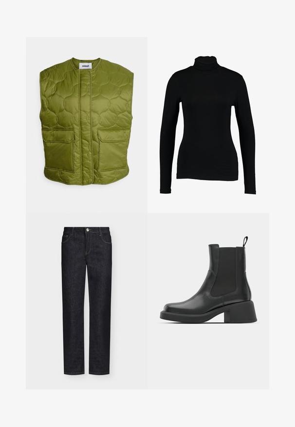 Minimum PENDINI - Vesta - calla green; Čierny dlhý rukáv turtleneck top vyrobený z hladkej látky, s priliehavým strihom a vysokým golierom, vhodný na vrstvenie alebo samostatné nosenie.; Čierne džíny s rovnými nohavicami, prednými vreckami, pútkami na opasok a zapínaním na gombík na jednofarebnom pozadí.; Čierne kožené členkové topánky s elastickými bočnými panelmi, zaoblenou špičkou a robustným blokovým opätkom. Hladká textura s minimalistickým dizajnom.