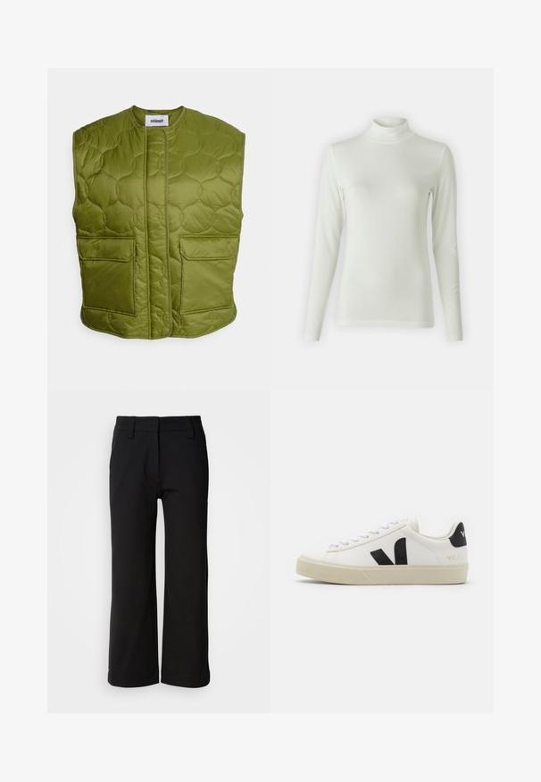 Minimum PENDINI - Vesta - calla green; Dlhý rukáv, rolák vo svetlo krémovej farbe, vyrobený z hladkej, elastickej tkaniny. Upevnený strih s rebrovanou textúrou pri výstrihu.; Čierne nohavice so širokými nohavicami vyrobené z hladkej látky. Disponujú plochým predným dielom, pútkami na opasok a čistým okrajom bez vreciek alebo viditeľných zapínaní.; Biele kožené tenisky s čiernym gumovým logom V. Textúrovaná svetlo krémová podrážka, biele šnúrky a detail na zadnej päte s názvom značky v čiernej farbe.