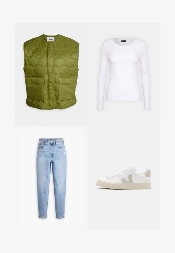 Minimum PENDINI - Vesta - calla green; Biely rebrovaný top s dlhým rukávom a okrúhlym výstrihom. Vyrobený z pružného materiálu, ktorý obopína telo. Obsahuje jemné horizontálne pruhy.; Svetlomodré džínsy s vysokým pásom vyrobené z denimu, s rovnou nohavicou, jemným vyblednutím a malou poškodenou časťou na pravej stehne.; Biele tenisky vyrobené z kože s šedými akcentmi vo forme V loga, textúrovaná gumová podrážka, biele šnúrky a polstrovaný jazyk a golier.